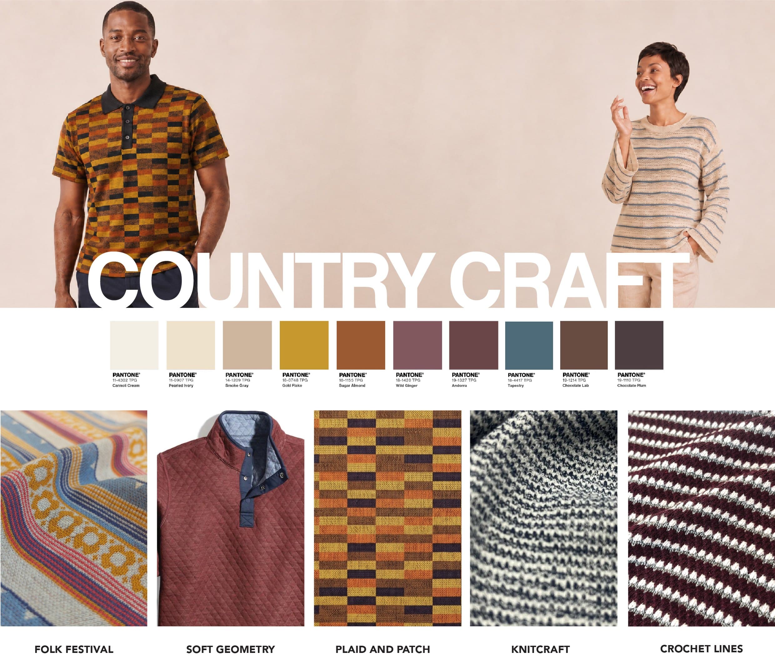 Country Craft macro trend board — palette and fabric clusters