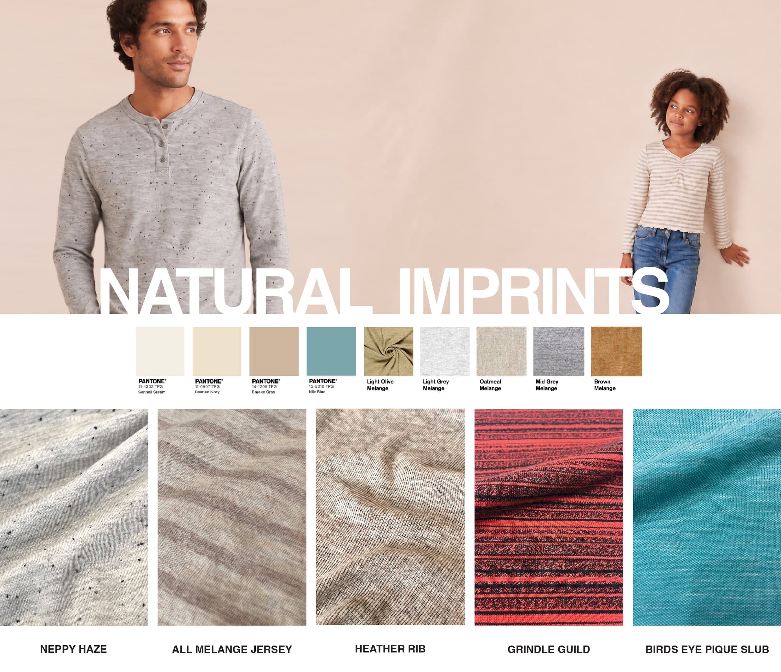 Natural Imprints macro trend board — palette and fabric clusters