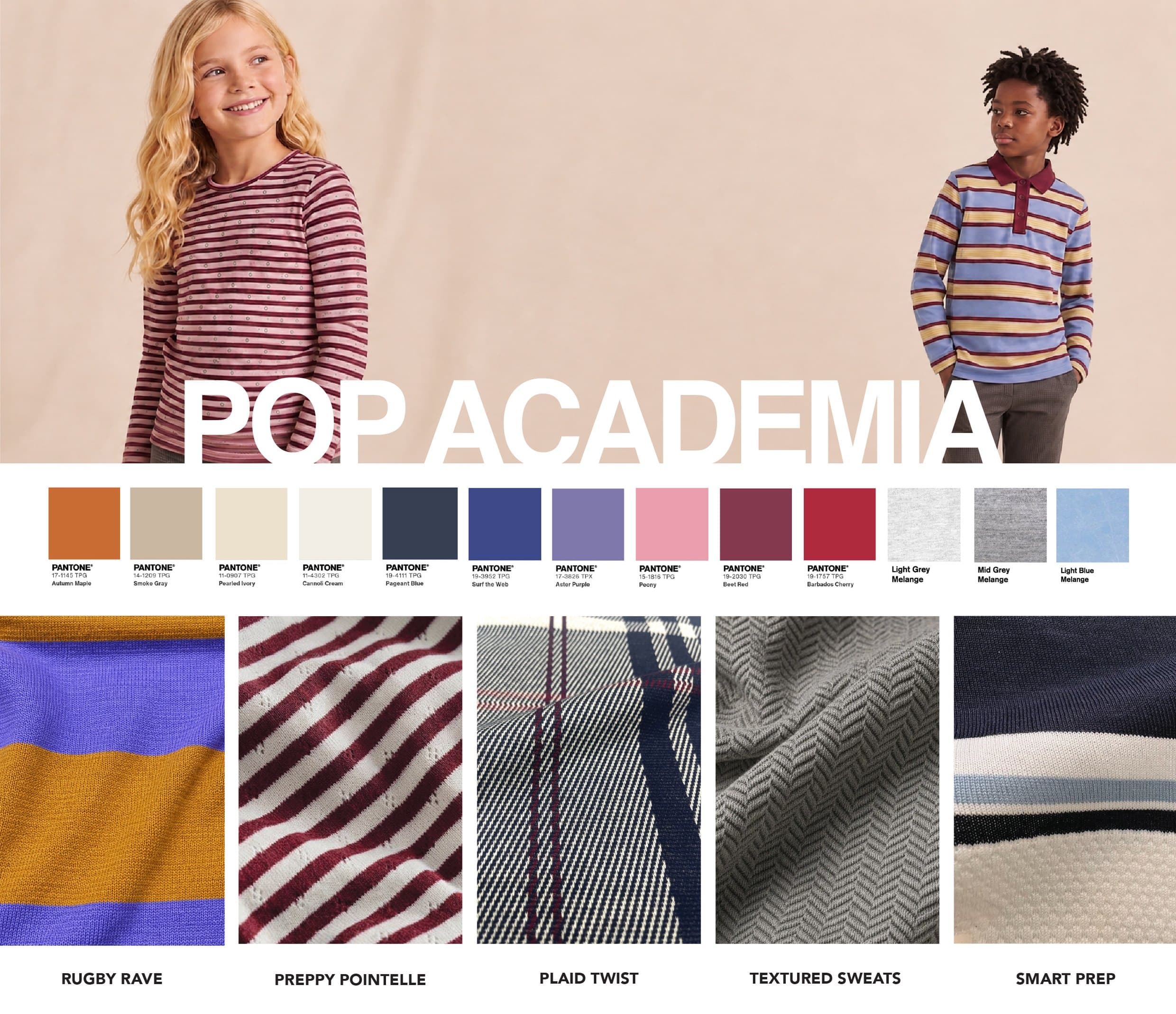 Pop Academia macro trend board — palette and fabric clusters