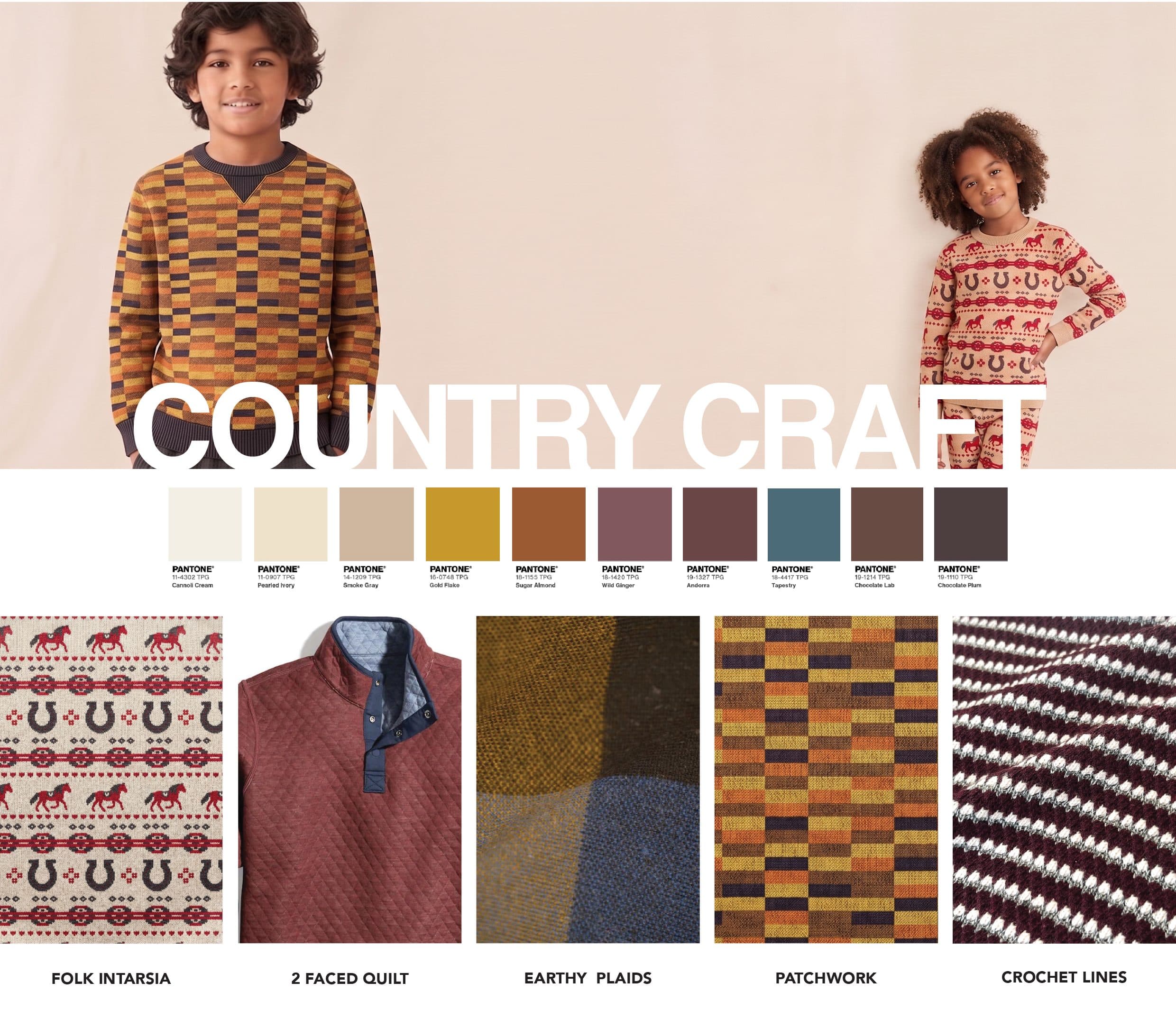 Country Craft macro trend board — palette and fabric clusters