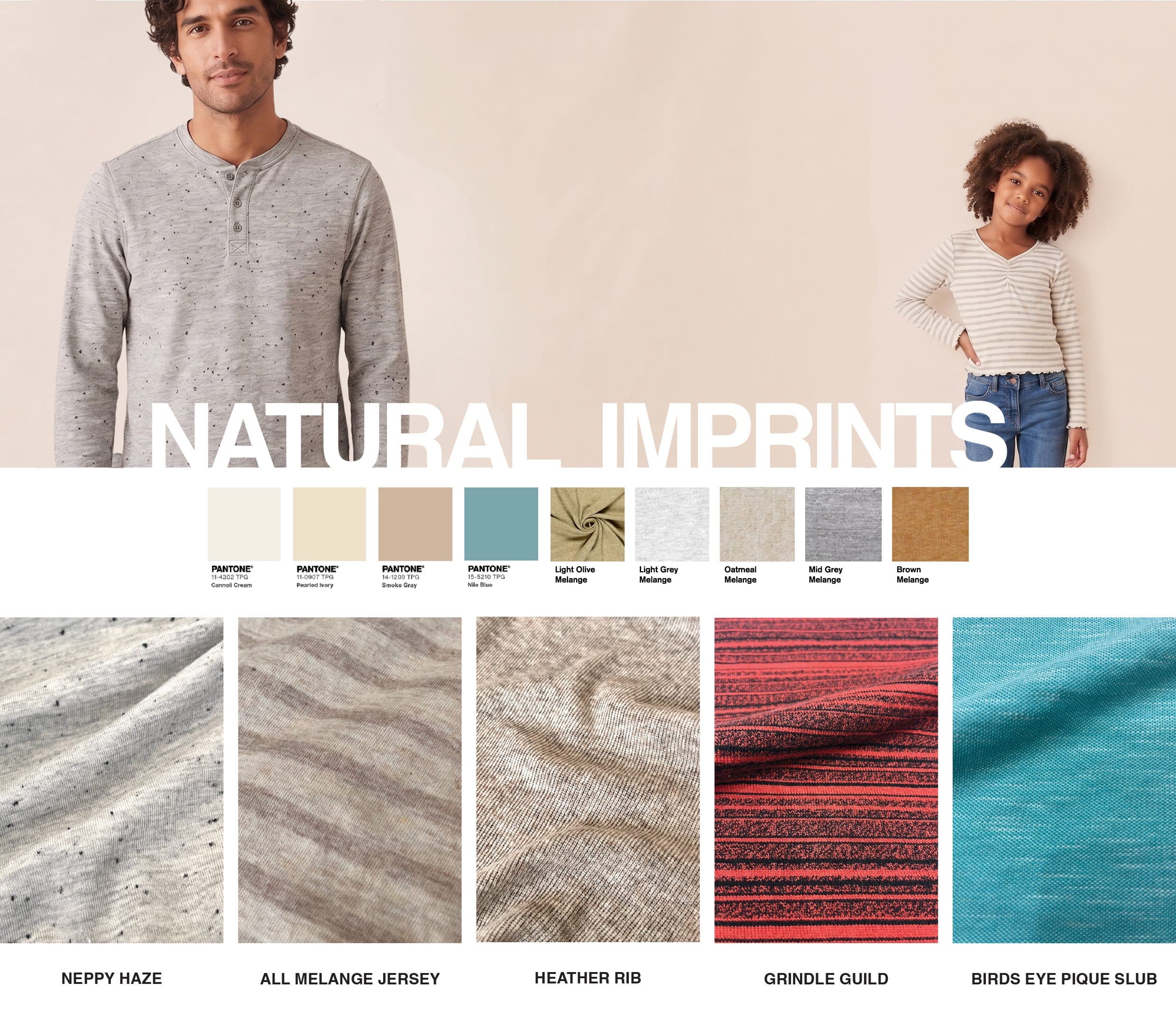 Natural Imprints macro trend board — palette and fabric clusters