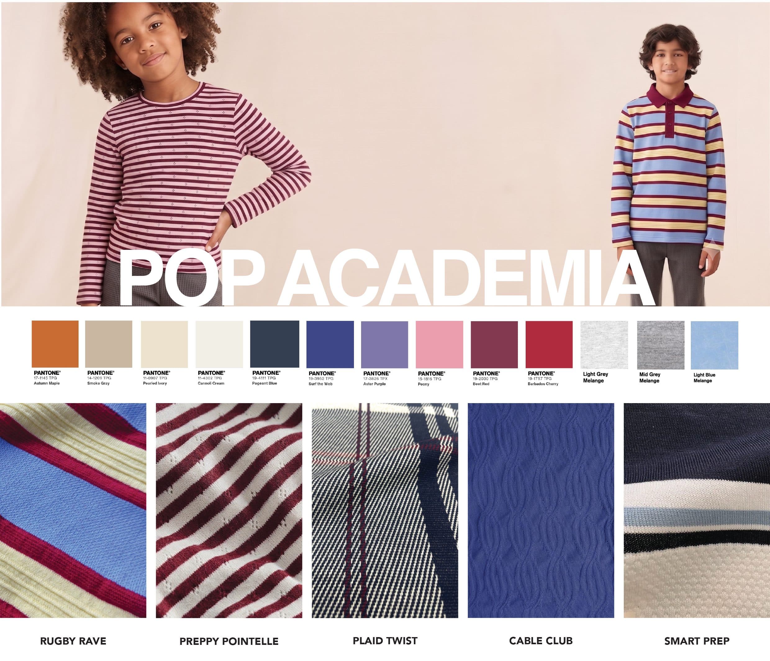 Pop Heritage macro trend board — palette and fabric clusters